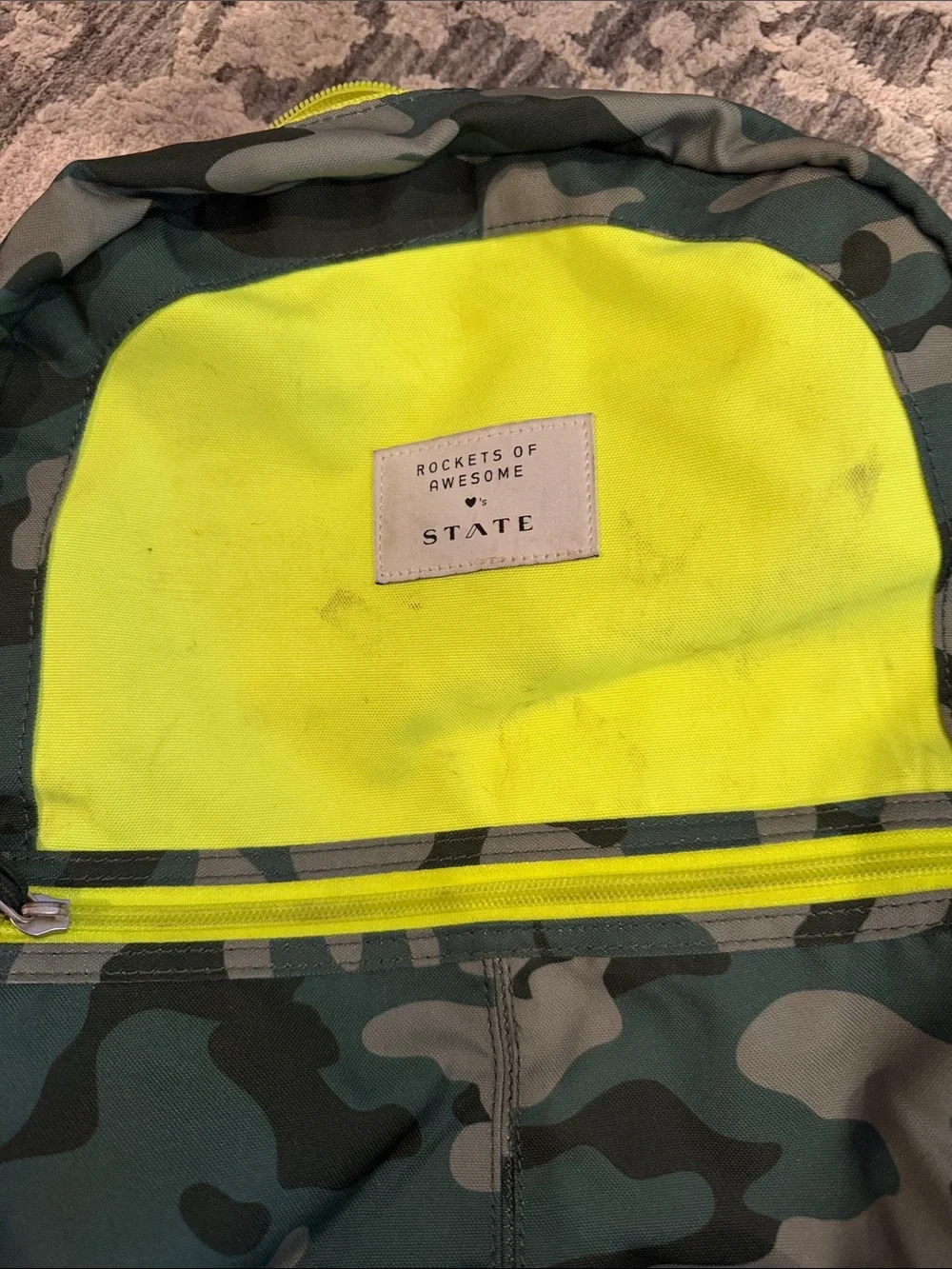 STATE x rockets of awesome kids Camo Backpack with Neon Yellow Front Panel